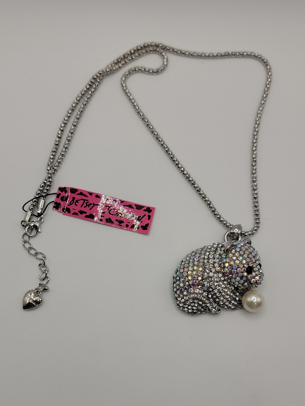 Betsey Johnson Silver Bear Crystal Pendant Necklace with Pearl Silver-Tone 28"
